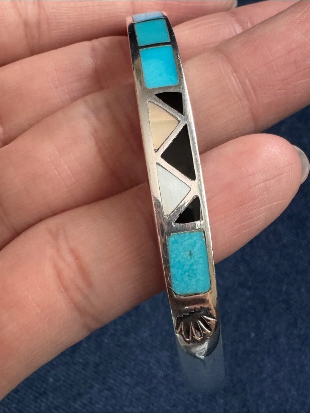 Native American Sterling Silver inlaid turquoise multi color Sign Cuff bracelet.
